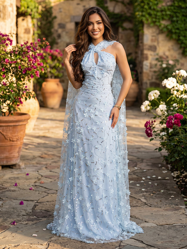 3D Flower Appliques Mermaid Halter Sash Glitter Evening Dresses