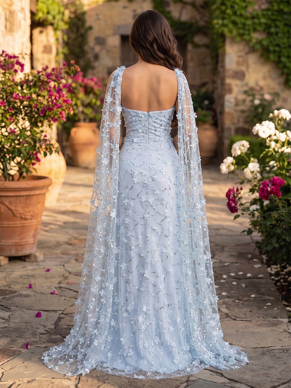 3D Flower Appliques Mermaid Halter Sash Glitter Evening Dresses