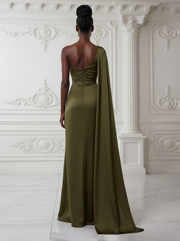 Satin Mermaid One Shoulder Sash Ruched Evening Dresses