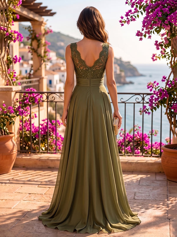 Satin A Line V Neck Ruffles Side Slit Evening Dresses