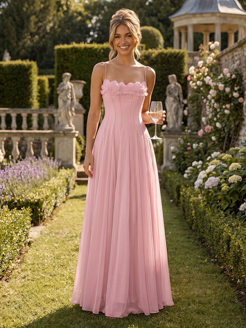 Chiffon A Line Spaghetti Straps Corset Pleats Evening Dresses