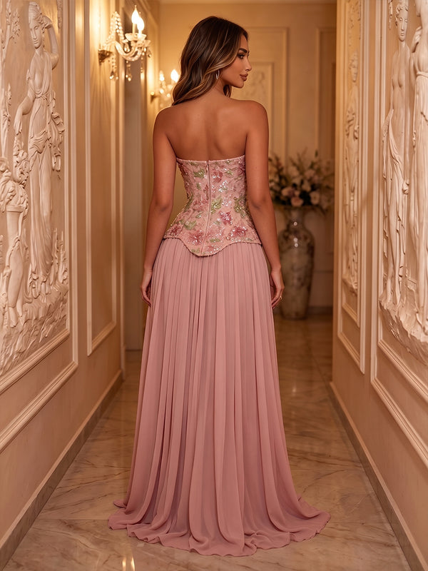 Sequin Floral Mermaid Strapless Pleats Ruched Evening Dresses