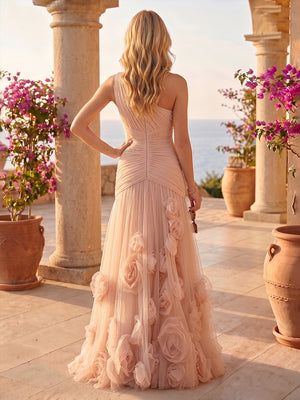 Tulle Sheath One Shoulder 3D Flowers Ruched Evening Dresses