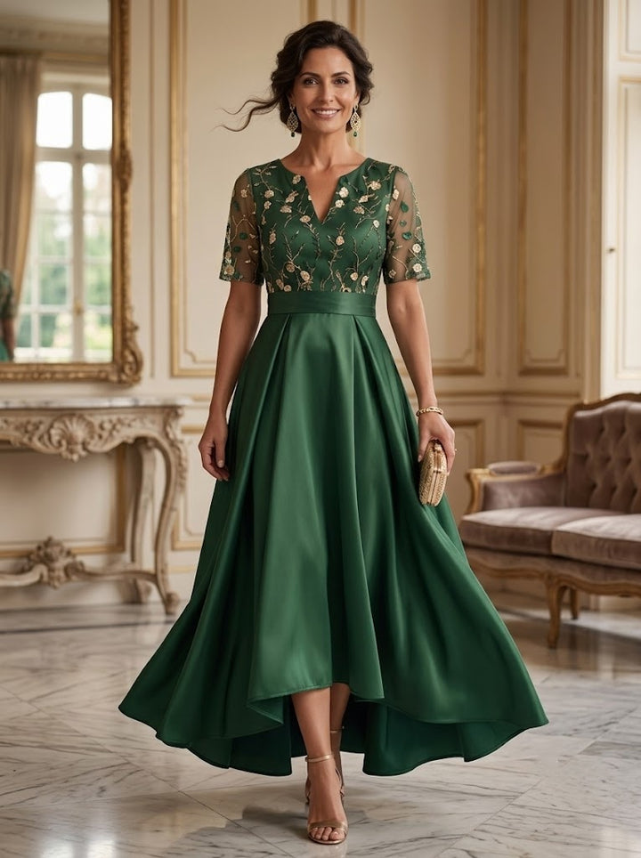 Satin A Line V Neck Embroidery Ruched Mother of the Bride Dresses