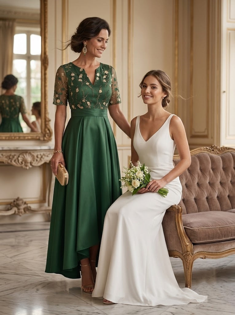 Satin A Line V Neck Embroidery Ruched Mother of the Bride Dresses