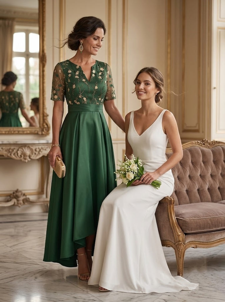 Satin A Line V Neck Embroidery Ruched Mother of the Bride Dresses
