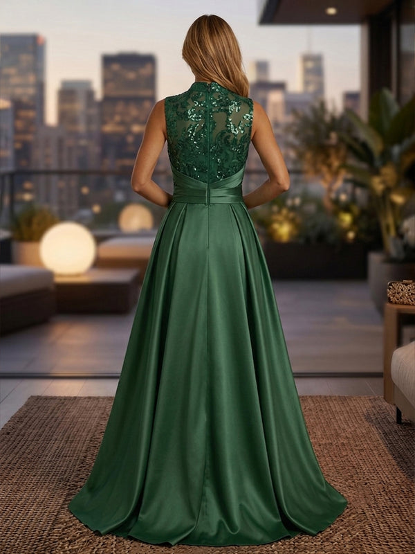 Satin A Line High Neck Sequin Floral Ruched Evening Dresses