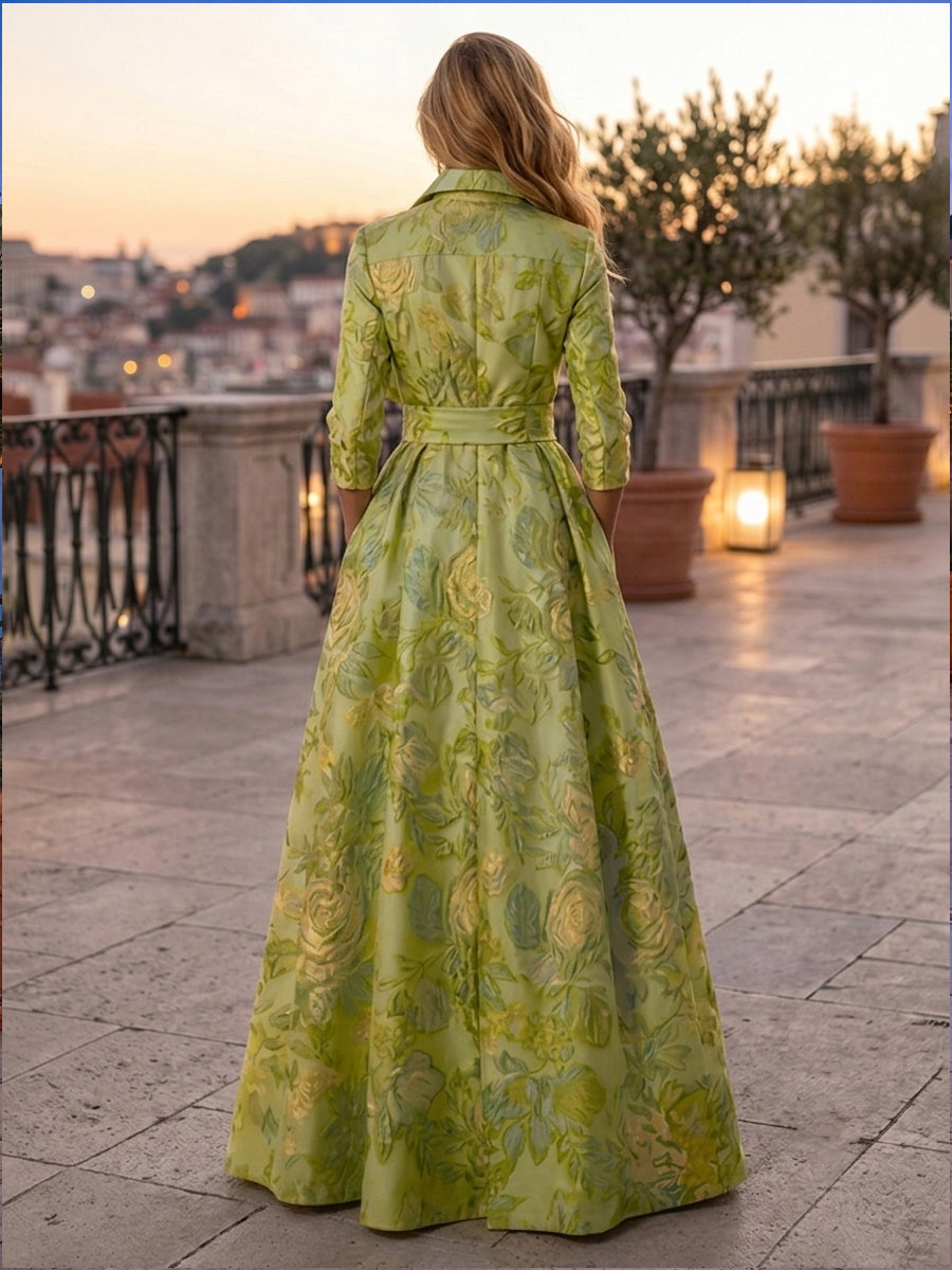 Jacquard A Line High Neck Front Slit Pleats Evening Dresses