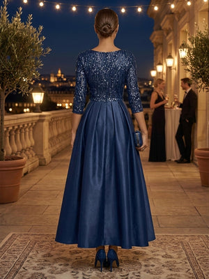 Satin A Line Scoop Neck Sequin Ruched Evening Dresses