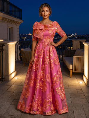 Jacquard A Line Cowl Neck Bow Ruched Evening Dresses