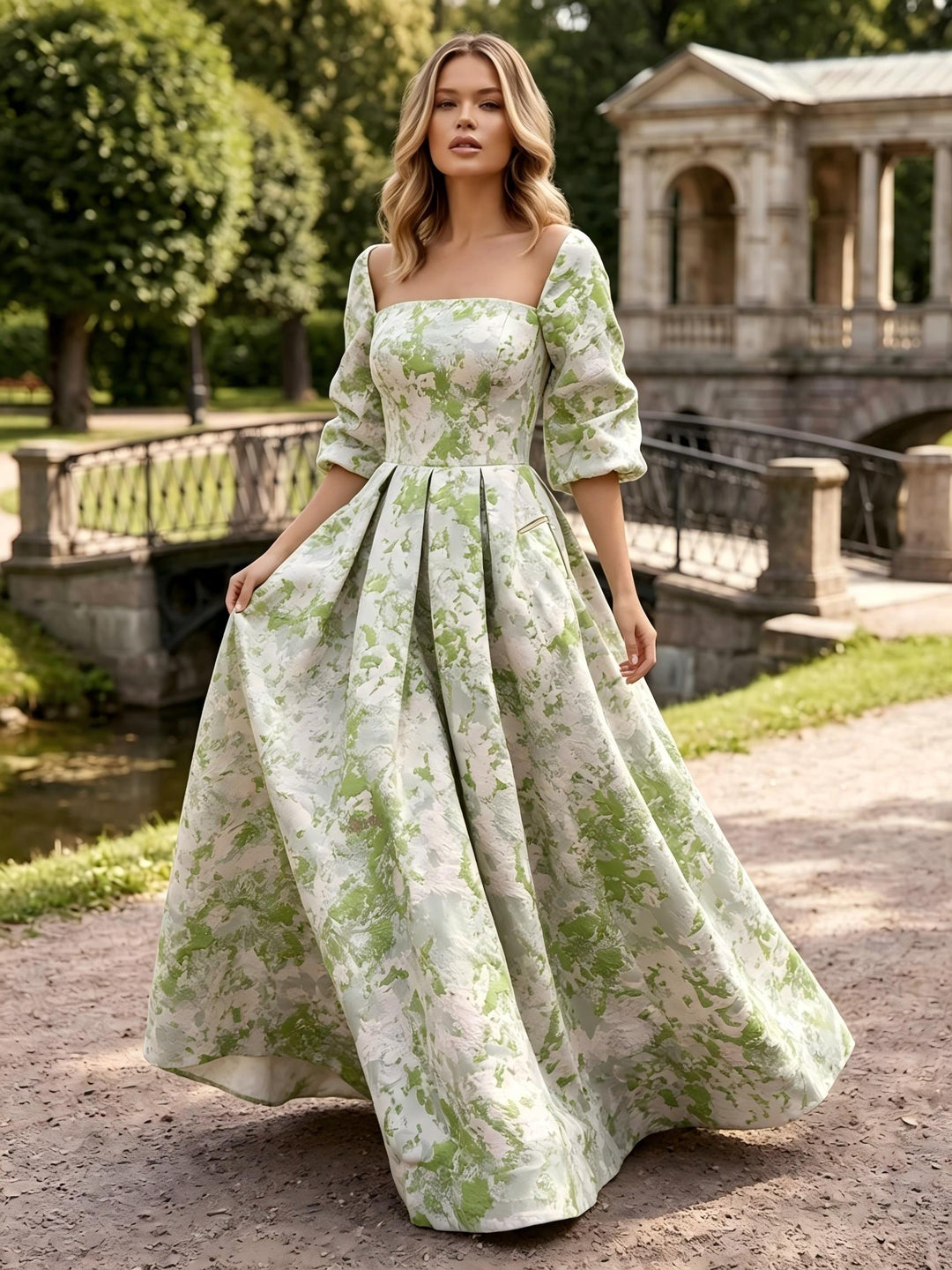 Jacquard A Line Square Neck Pleats Ruched Evening Dresses