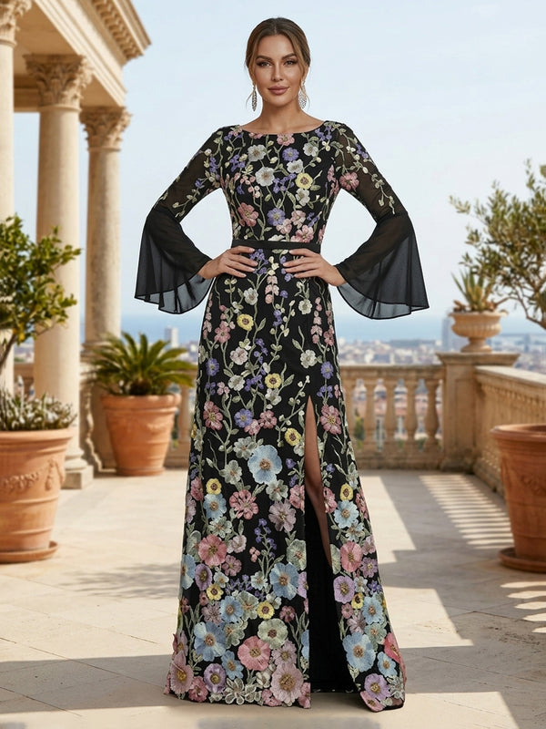 Embroidery Sheath Round Neck Side Slit Ruched Evening Dresses