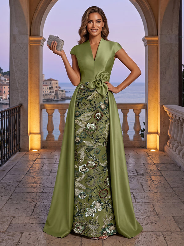 Satin Sheath V Neck Sequin Floral Ruched Evening Dresses