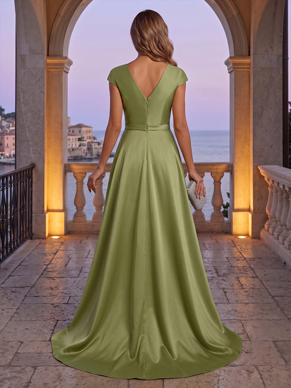 Satin Sheath V Neck Sequin Floral Ruched Evening Dresses