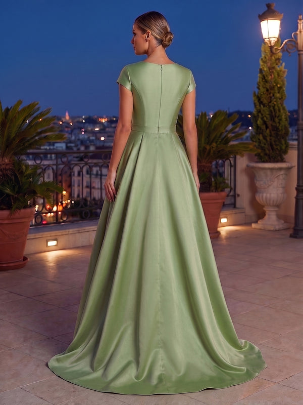 Sequin Floral A Line V Neck Pleats Ruched Evening Dresses