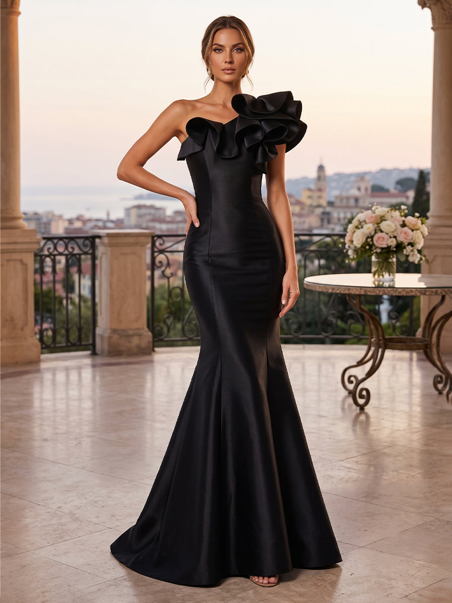 Satin Mermaid One Shoulder Ruffles Ruched Evening Dresses