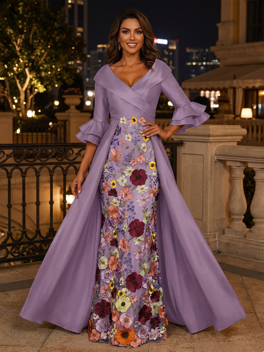Embroidery A Line V Neck Ruffles Ruched Evening Dresses