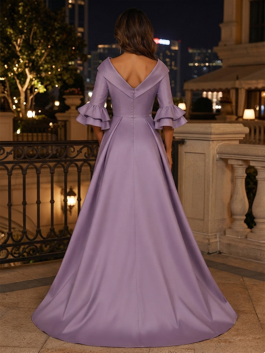 Embroidery A Line V Neck Ruffles Ruched Evening Dresses