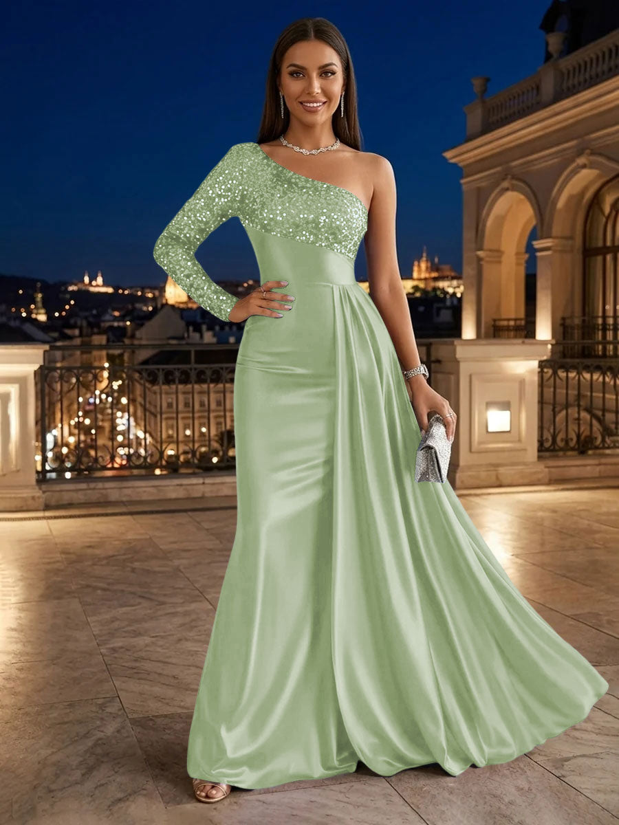 Satin A Line One Shoulder Sequin Pleats Evening Dresses