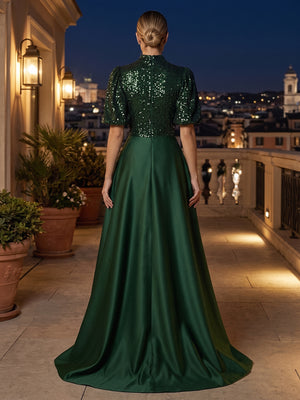 Satin A Line High Neck Pleats Ruched Evening Dresses