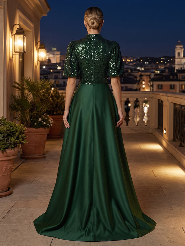 Satin A Line High Neck Pleats Ruched Evening Dresses