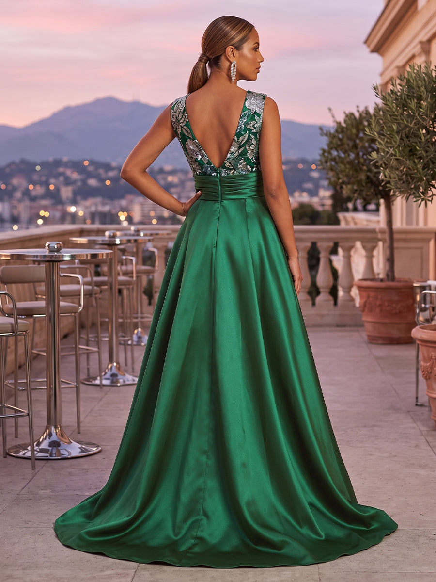 Satin A Line Scoop Neck Sequin Floral Ruched Evening Dresses