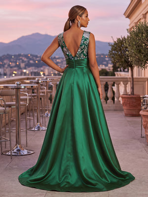 Satin A Line Scoop Neck Sequin Floral Ruched Evening Dresses