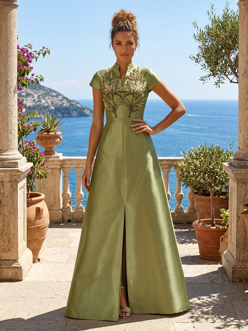 Satin A Line High Neck Sequin Floral Ruched Evening Dresses