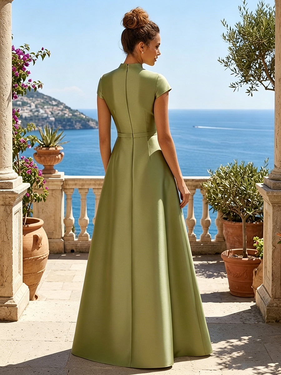 Satin A Line High Neck Sequin Floral Ruched Evening Dresses
