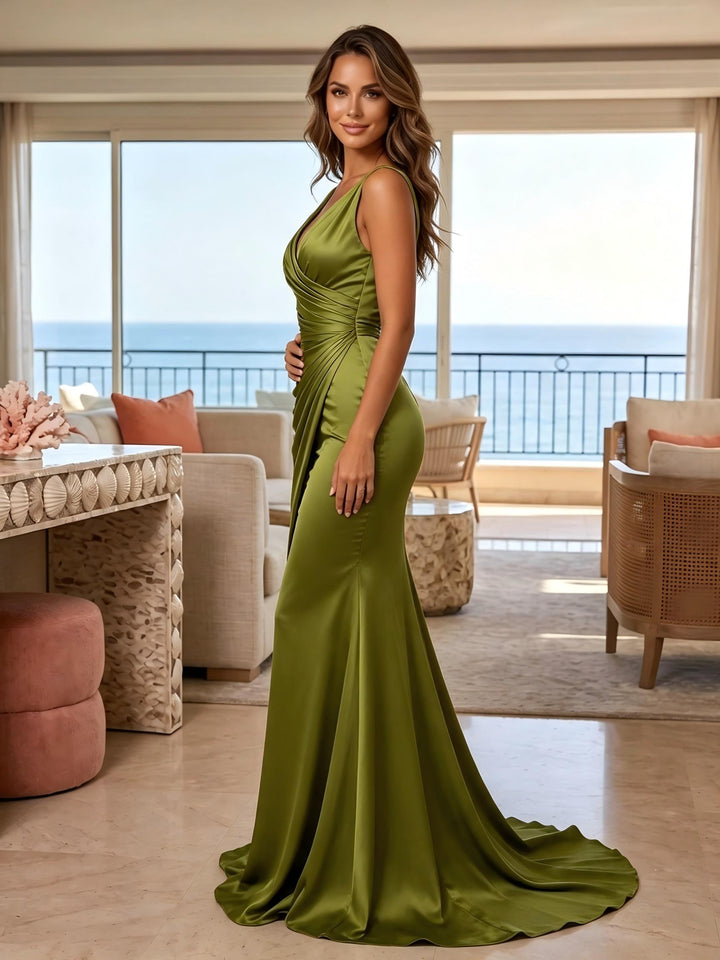 Satin Mermaid V Neck Pleats Ruched Evening Dresses