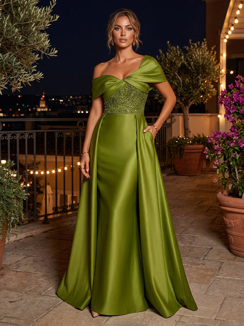 Satin A Line Off the Shoulder Sequin Floral Ruched Evening Dresses