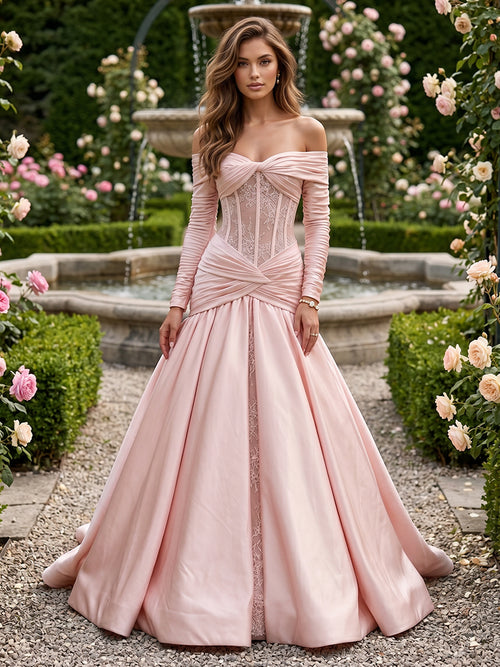 Satin A Line Off the Shoulder Lace Pleats Evening Dresses