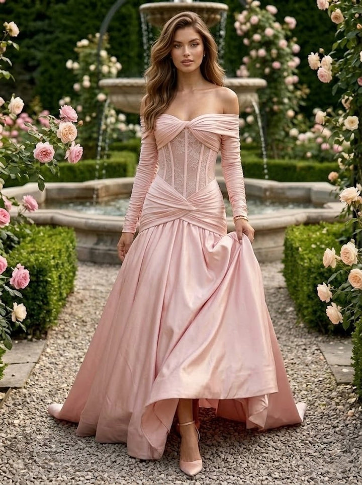 Satin A Line Off the Shoulder Lace Pleats Evening Dresses