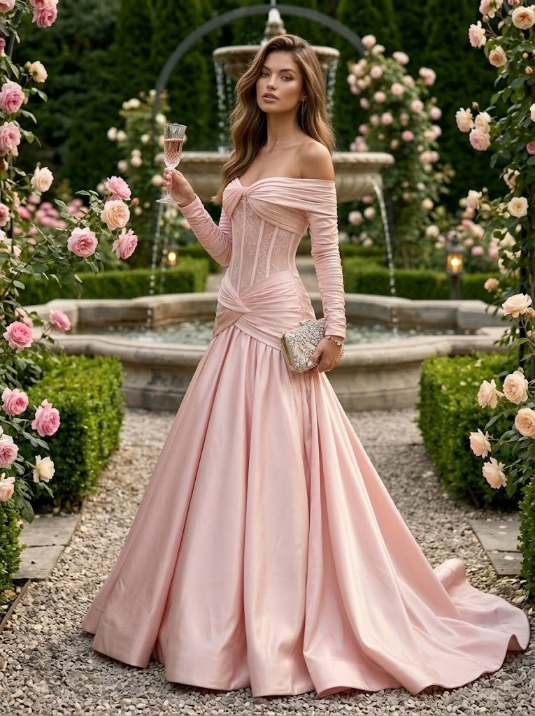 Satin A Line Off the Shoulder Lace Pleats Evening Dresses