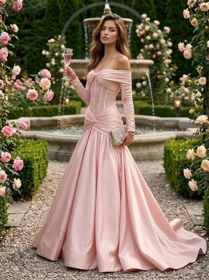 Satin A Line Off the Shoulder Lace Pleats Evening Dresses