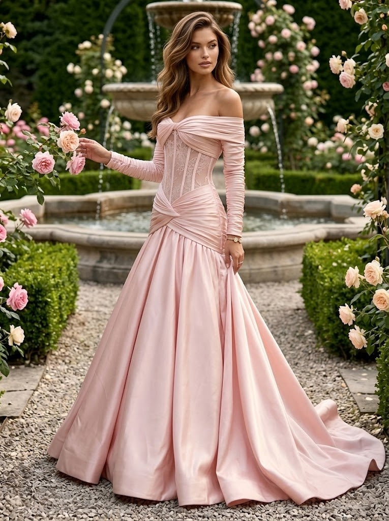 Satin A Line Off the Shoulder Lace Pleats Evening Dresses