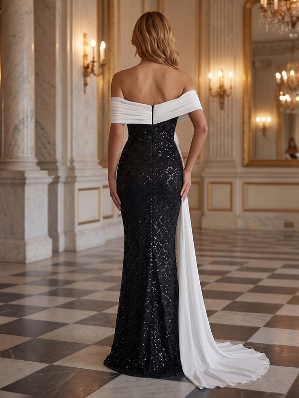 Sequin Mermaid Off the Shoulder 3D Flowers Ruched Evening Dresses