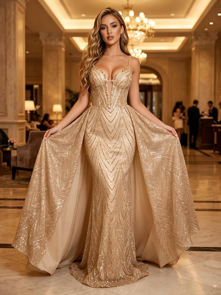 Sequin A Line Spaghetti Straps Cut Out Ruched Evening Dresses