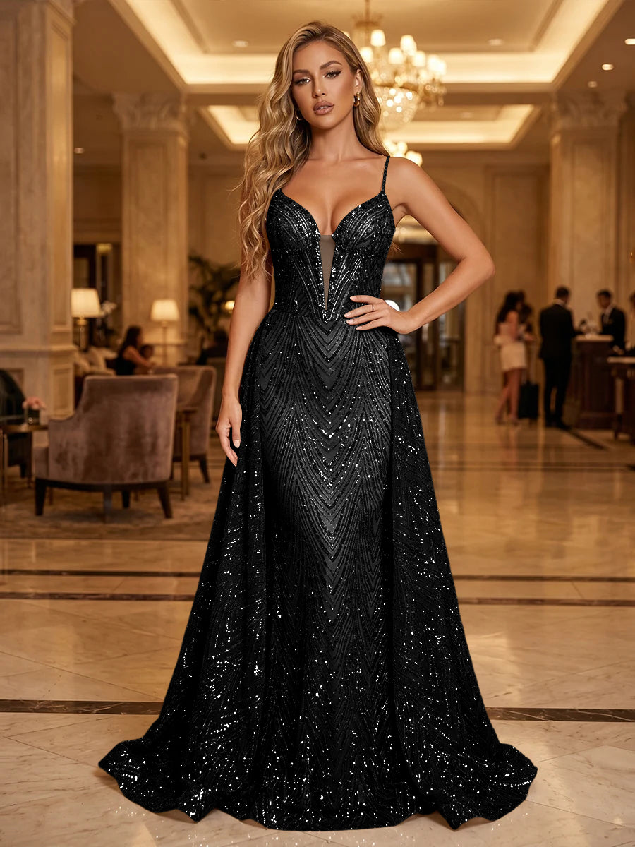 Sequin A Line Spaghetti Straps Cut Out Ruched Evening Dresses