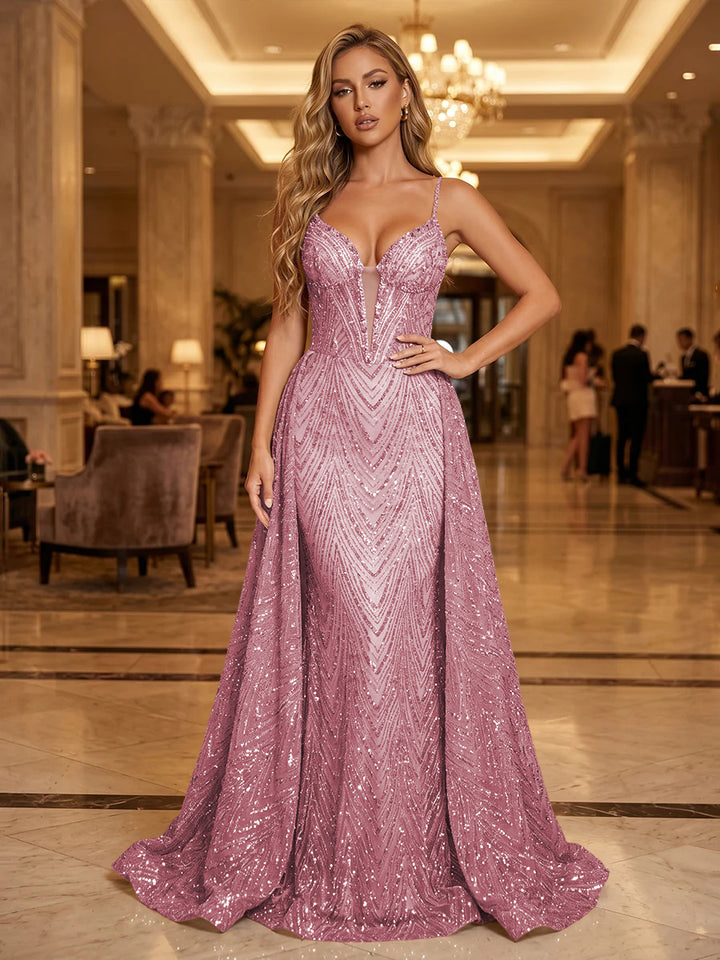 Sequin A Line Spaghetti Straps Cut Out Ruched Evening Dresses
