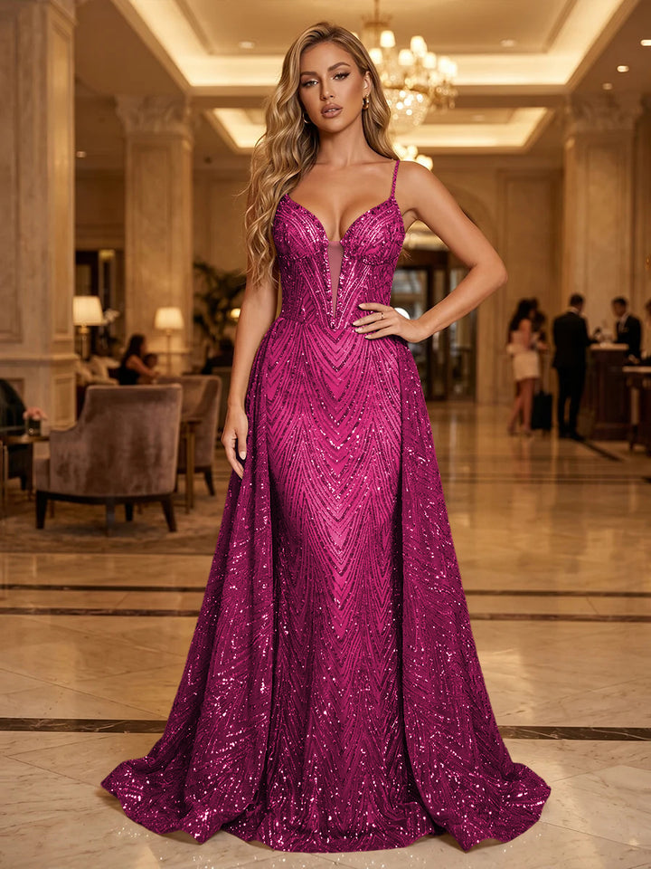 Sequin A Line Spaghetti Straps Cut Out Ruched Evening Dresses