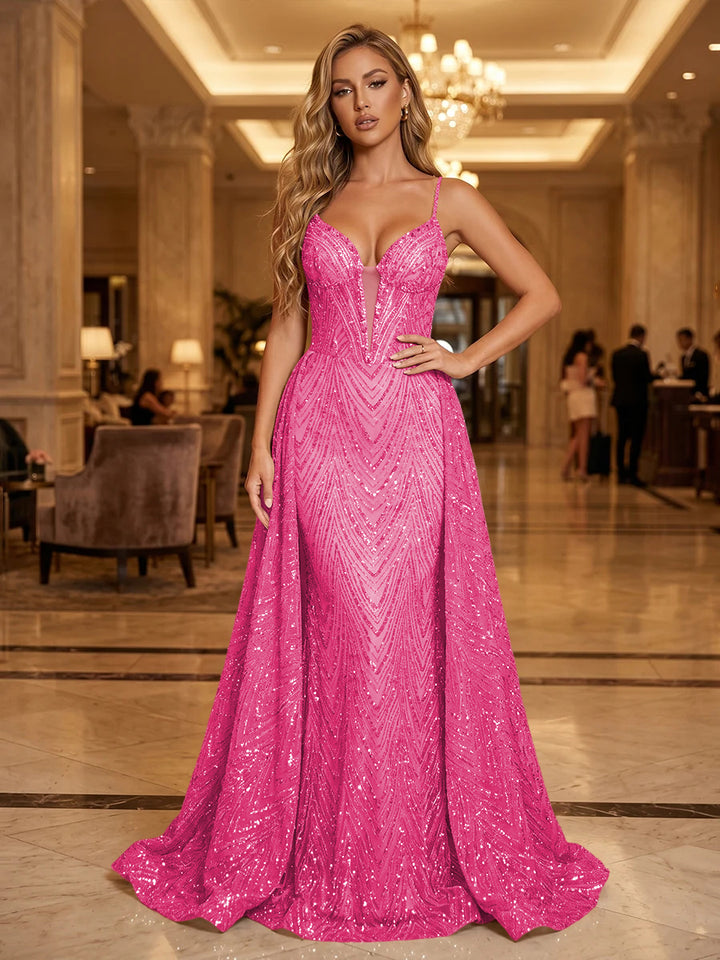 Sequin A Line Spaghetti Straps Cut Out Ruched Evening Dresses