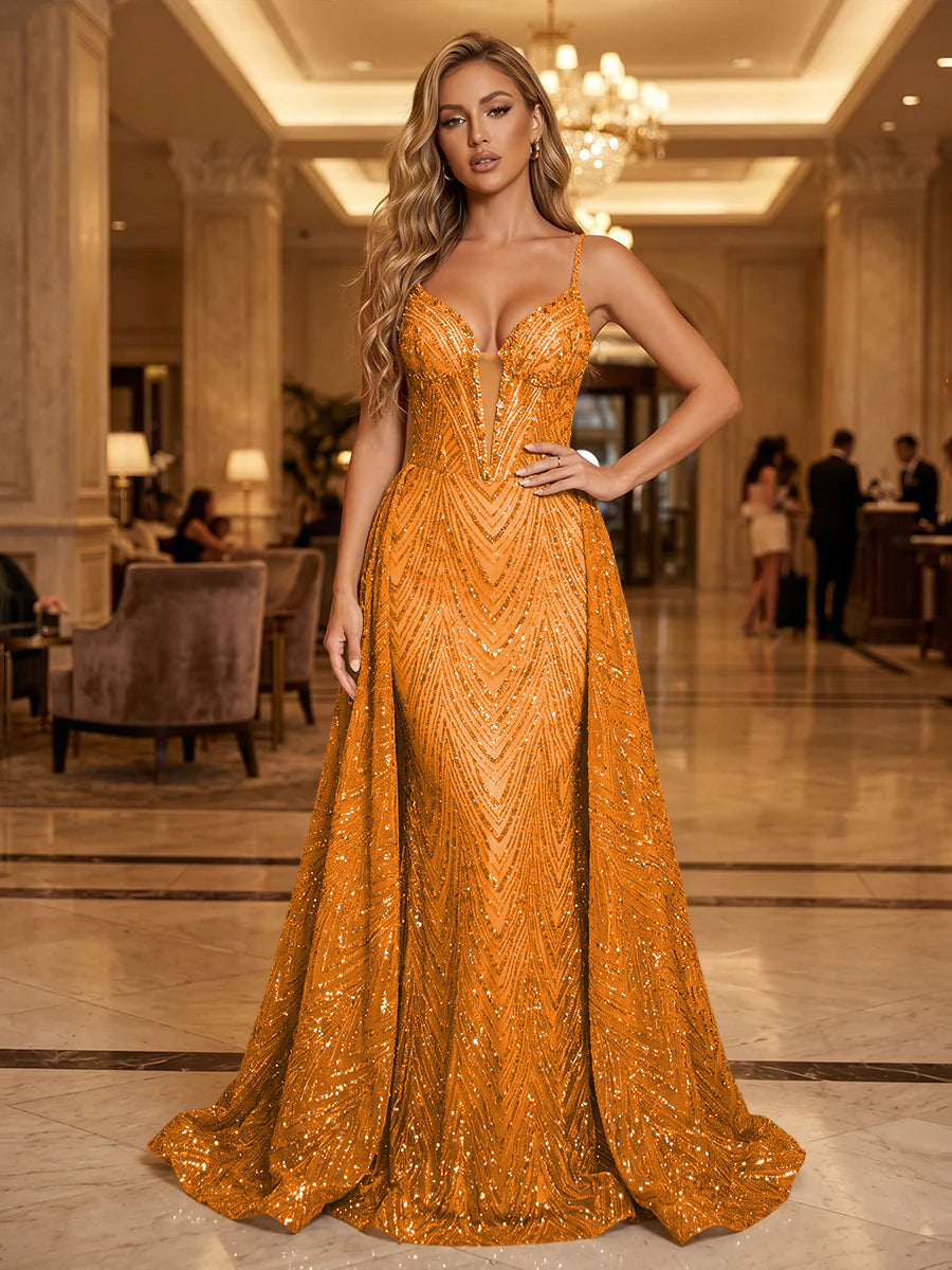 Sequin A Line Spaghetti Straps Cut Out Ruched Evening Dresses