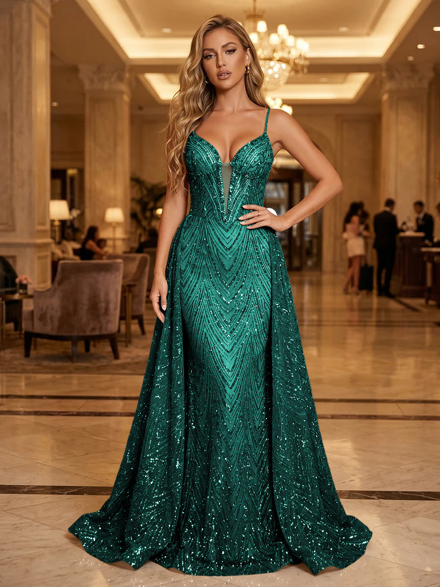 Sequin A Line Spaghetti Straps Cut Out Ruched Evening Dresses