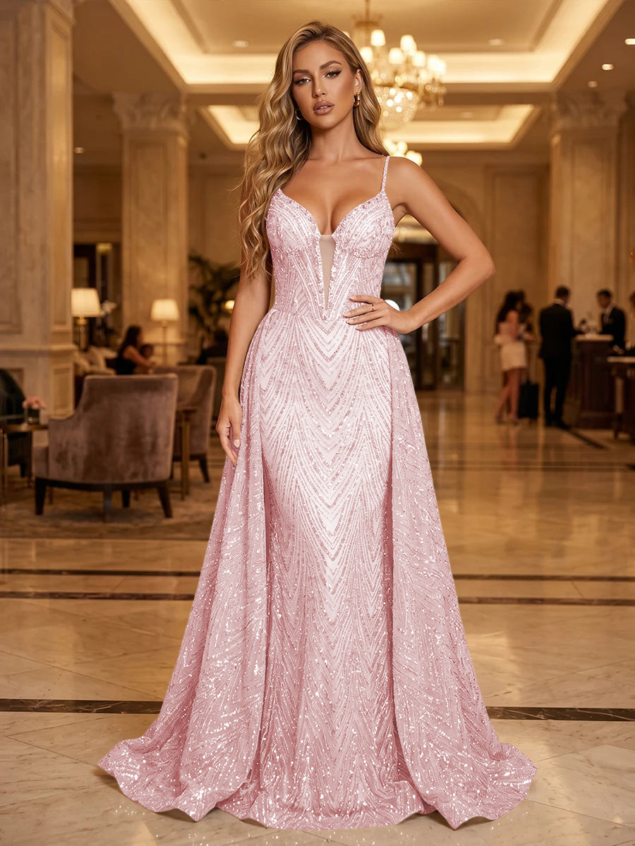 Sequin A Line Spaghetti Straps Cut Out Ruched Evening Dresses