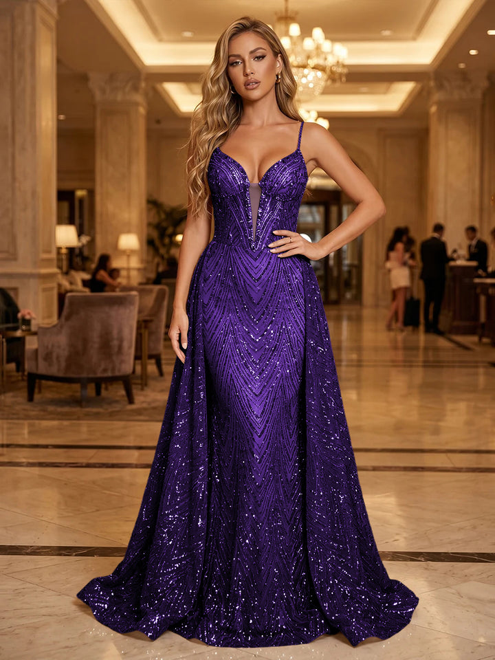 Sequin A Line Spaghetti Straps Cut Out Ruched Evening Dresses