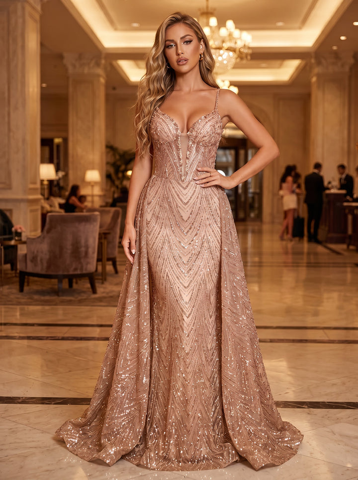 Sequin A Line Spaghetti Straps Cut Out Ruched Evening Dresses