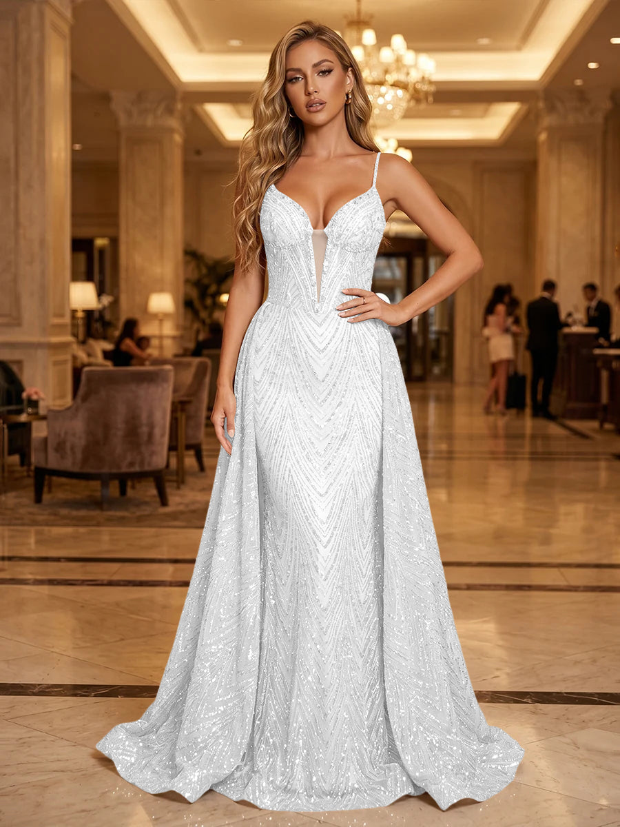 Sequin A Line Spaghetti Straps Cut Out Ruched Evening Dresses