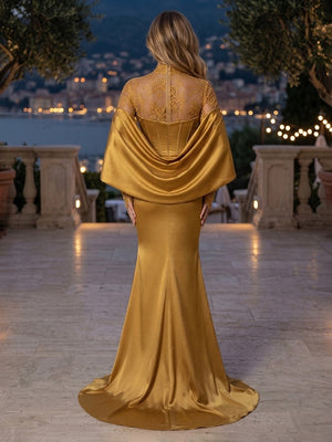Satin Mermaid High Neck Lace Appliques Cape Evening Dresses