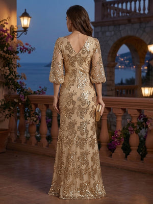 Sequin Floral Sheath V Neck Glitter Ruched Evening Dresses